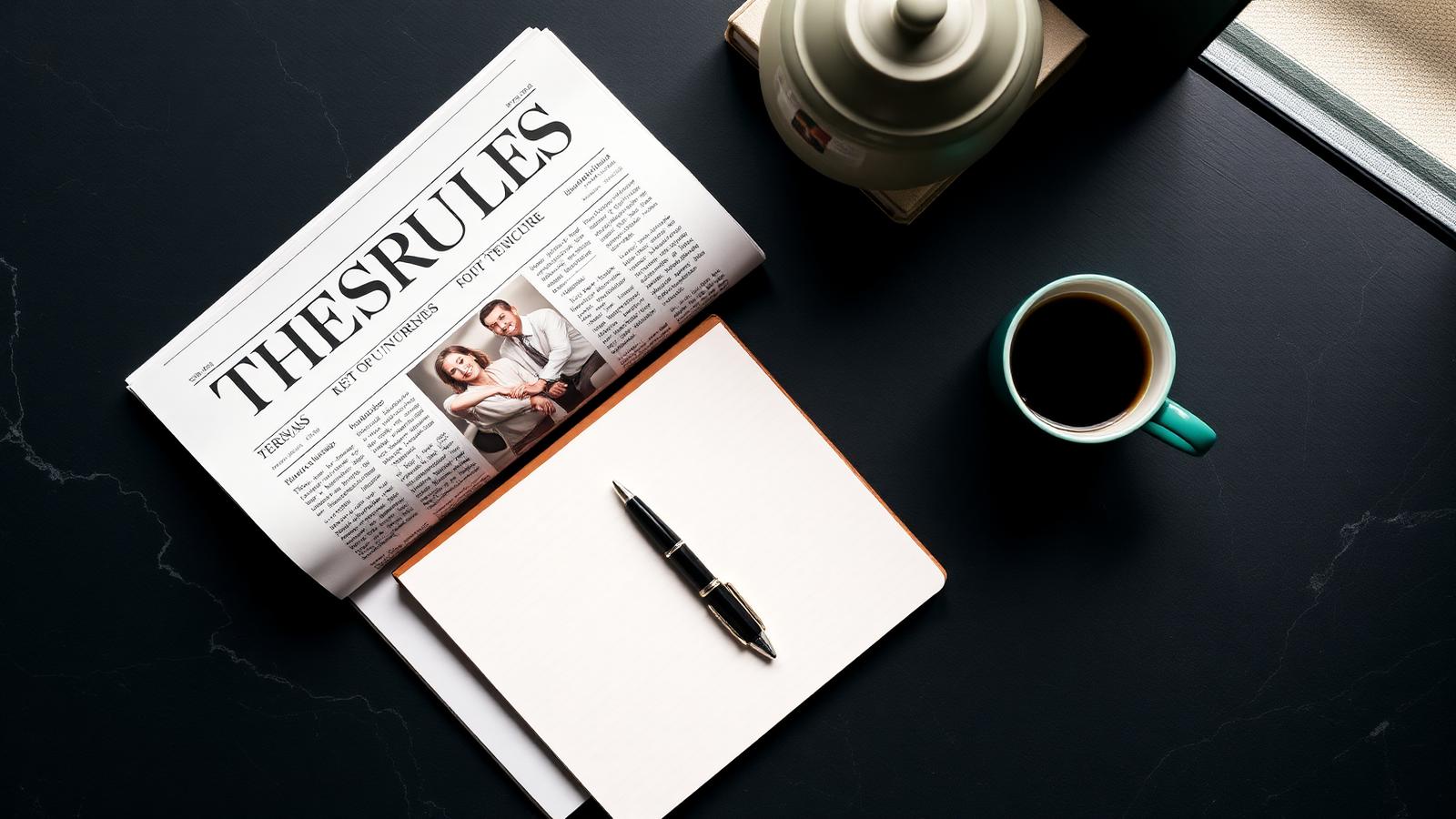 Business newspaper and notebook on a dark desk