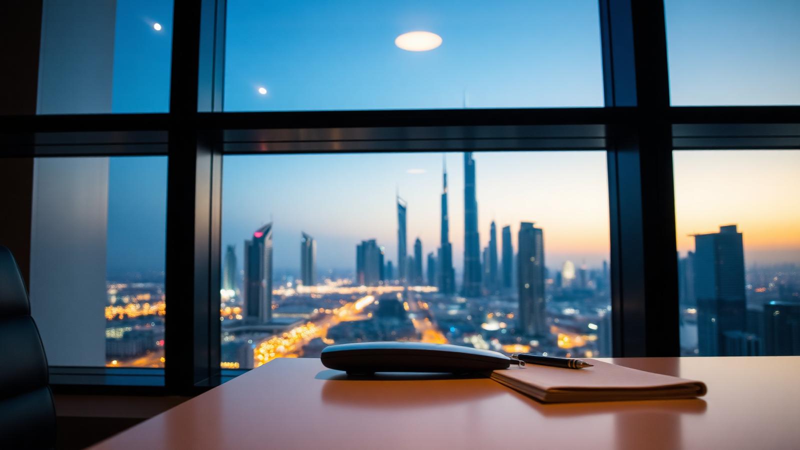 Dubai skyline at blue hour from an office window