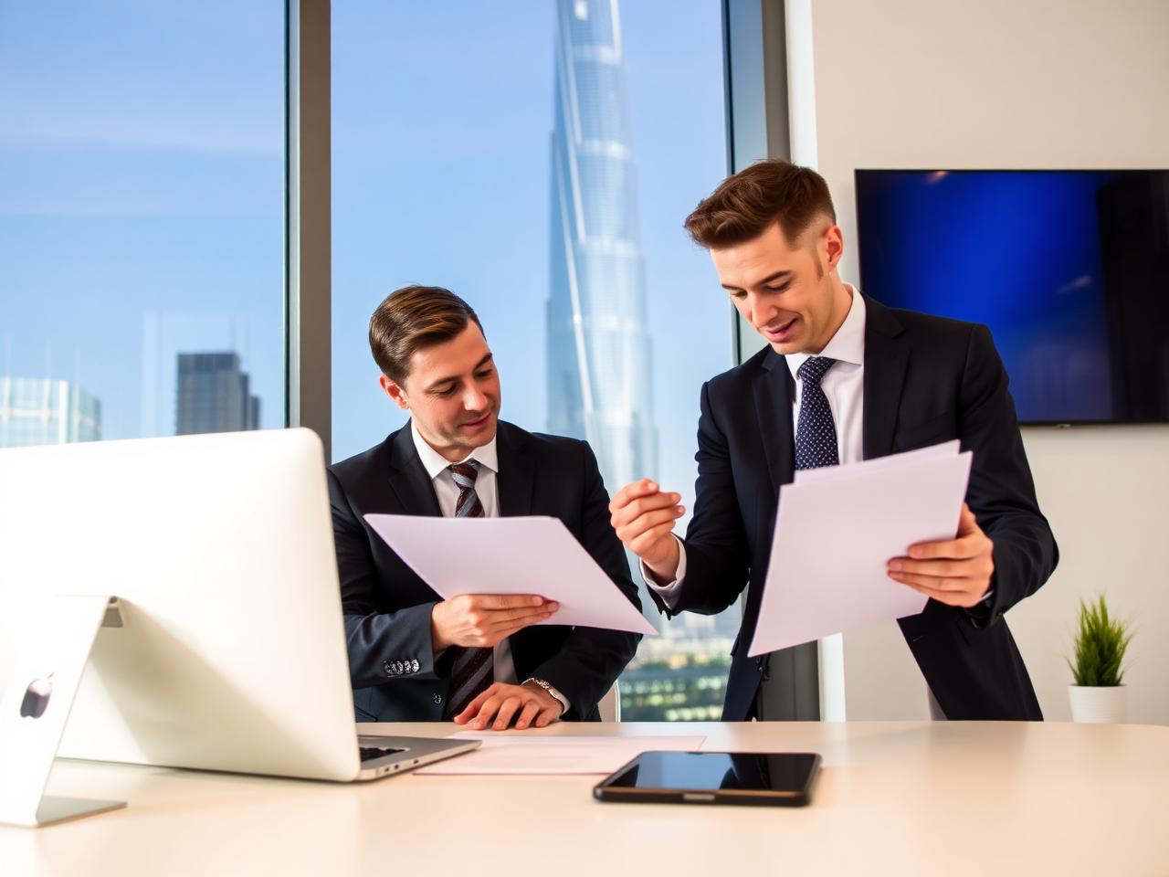 Consultants reviewing company licence documents in a Dubai office